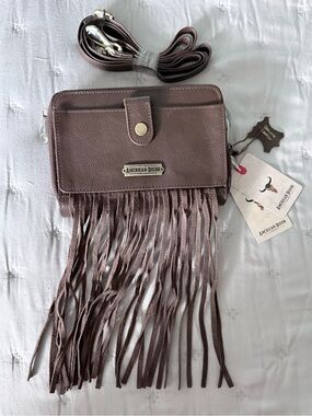 American Bison Dark Brown Leather Fringe Crossbody Cell Phone Wallet Bag Purse